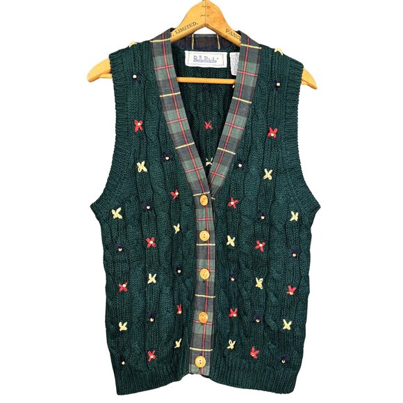 Vintage Jackets & Blazers - Vintage 90s Cottagecore Knit Vest Green Embroidered Sweater Vest Woodland